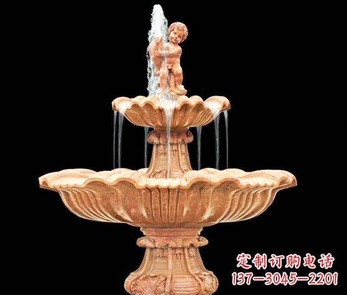 淄博晚霞红小孩抱鱼石雕喷泉