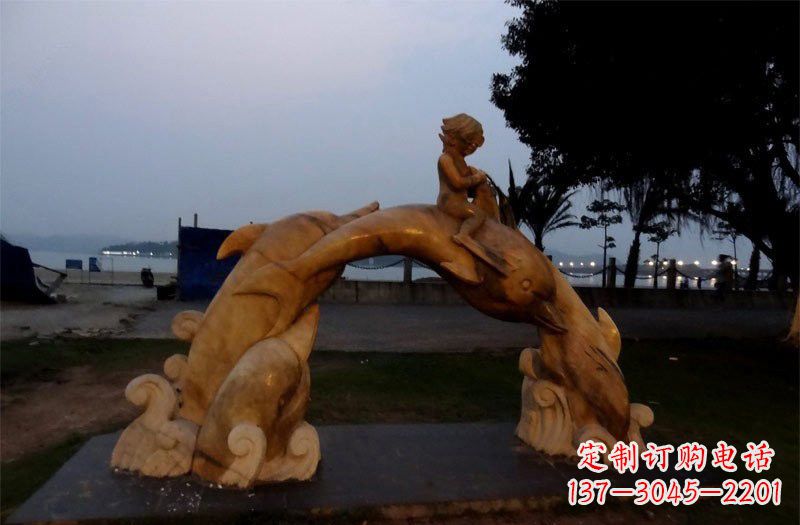淄博西方儿童骑海豚石雕