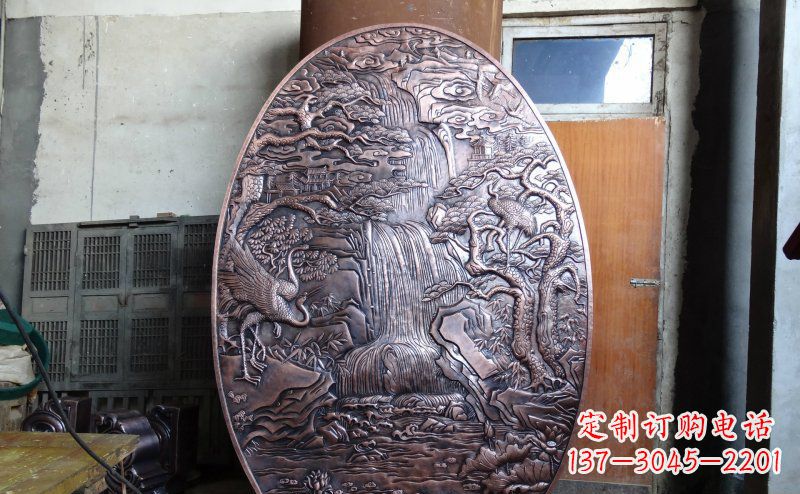 淄博仙鹤松林瀑布古代园林景观铜浮雕