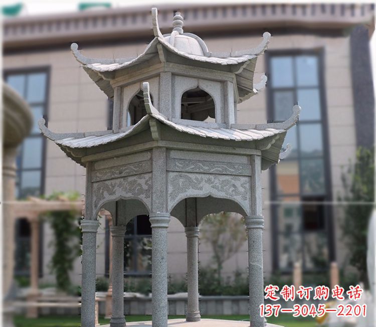淄博小区大理石六角石雕双层凉亭