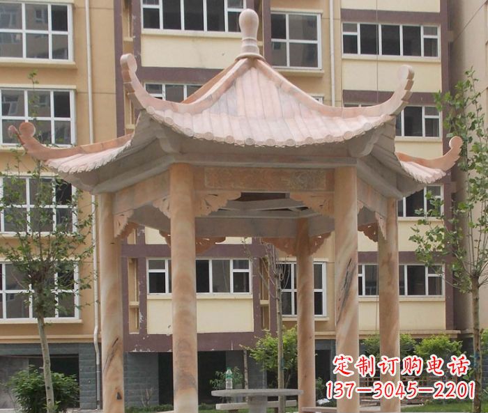淄博小区晚霞红六角凉亭石雕