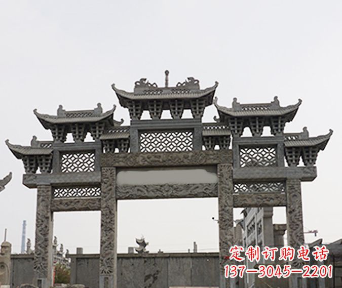 淄博园林仿古三门牌坊石雕 (4)