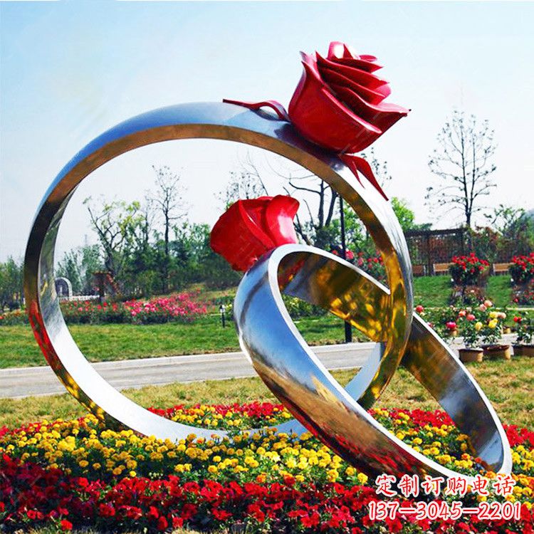 淄博园林花丛不锈钢玫瑰花戒指雕塑