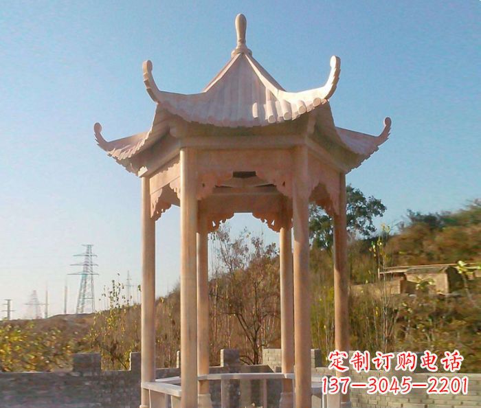 淄博园林景观晚霞红单层石雕凉亭