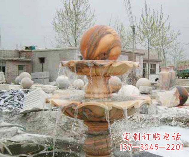 淄博园林景观晚霞红风水球喷泉石雕