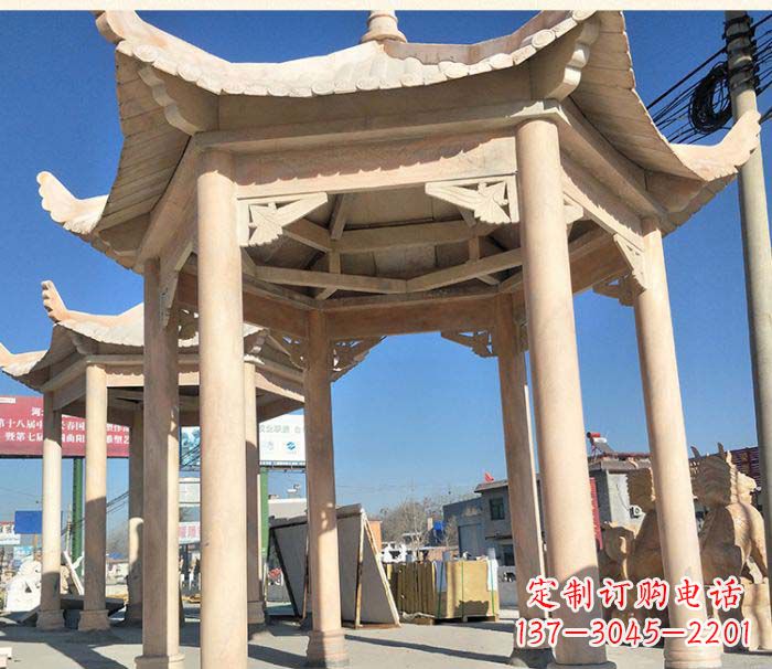 淄博园林景观晚霞红六角石雕凉亭 (2)