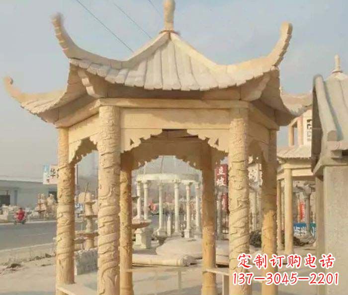 淄博园林景观晚霞红六角石雕凉亭 (3)