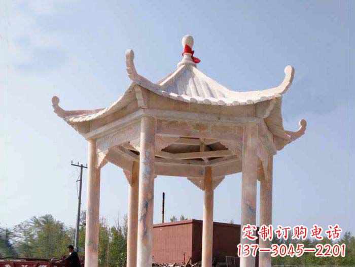 淄博园林景观晚霞红六角石雕凉亭
