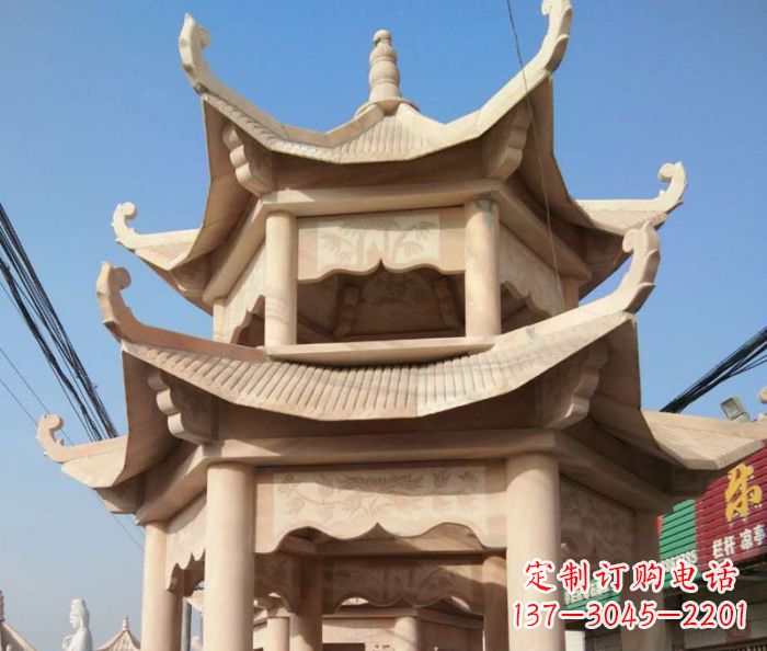 淄博园林景观晚霞红双层石雕凉亭 (2)