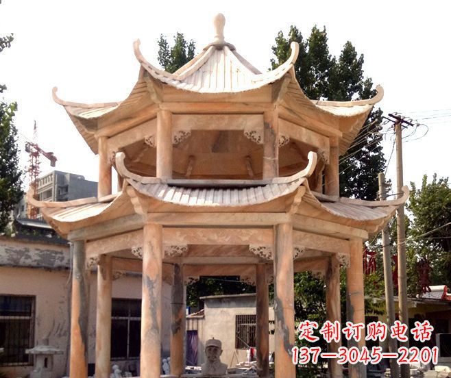 淄博园林景观晚霞红双层石雕凉亭