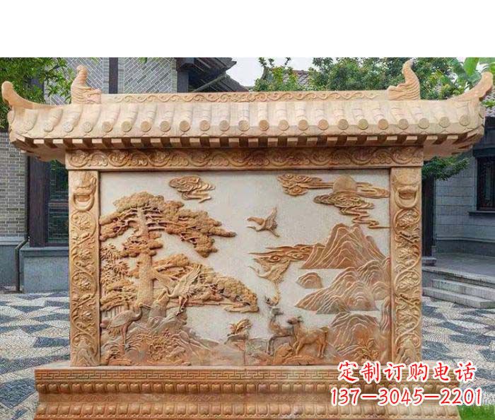 淄博园林景观晚霞红松鹤石浮雕影壁
