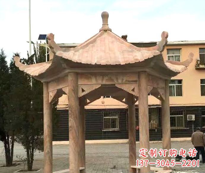 淄博园林晚霞红六角石雕凉亭