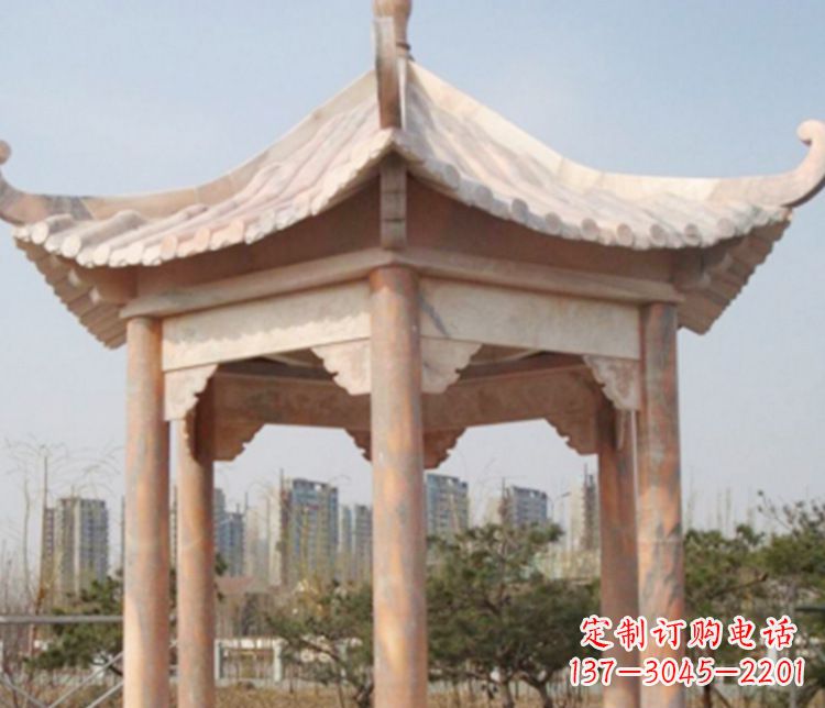 淄博园林晚霞红六角石凉亭景观石雕