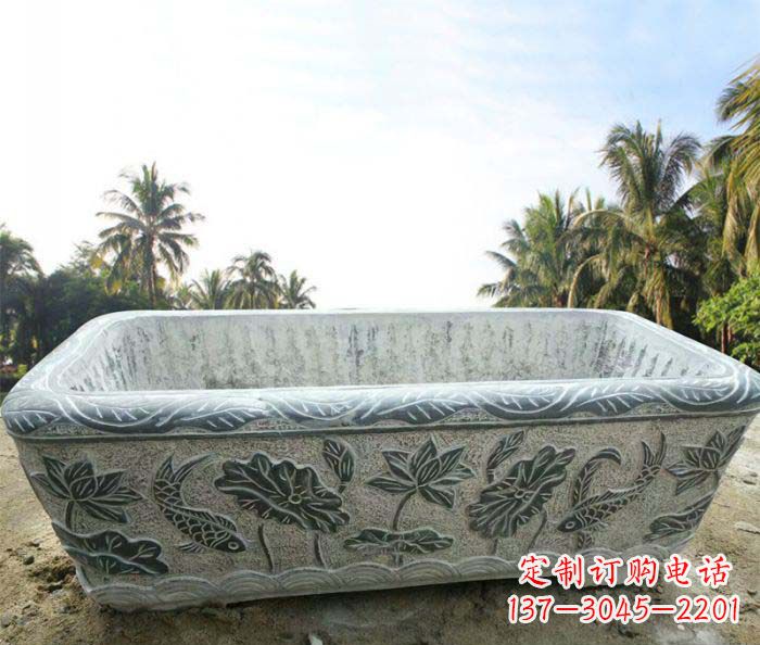 淄博长方形连年有余荷花浮雕石水缸