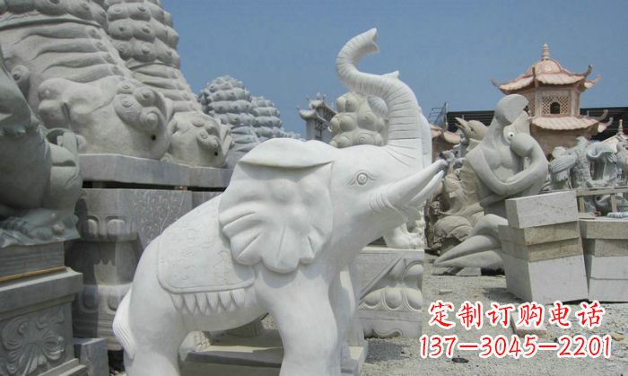 淄博招财动物汉白玉长鼻小象石雕
