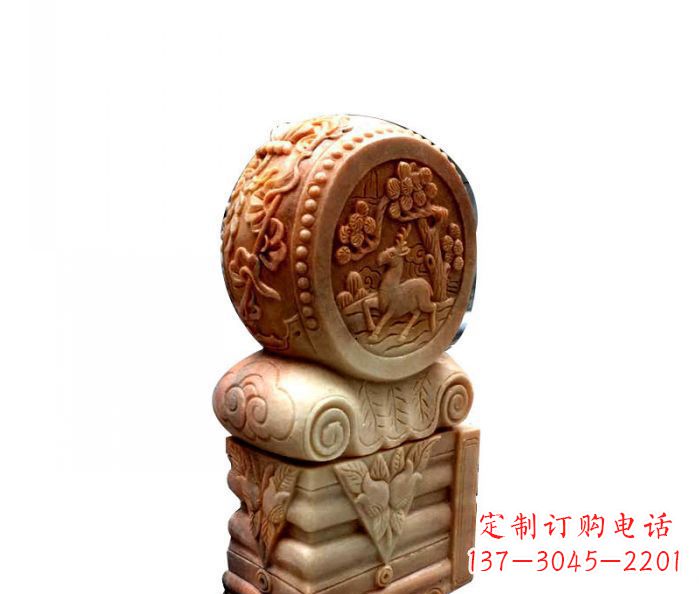 淄博招财石门墩晚霞红抱鼓石