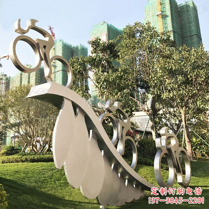 淄博自行车雕塑-抽象不锈钢骑自行车人物景观雕塑